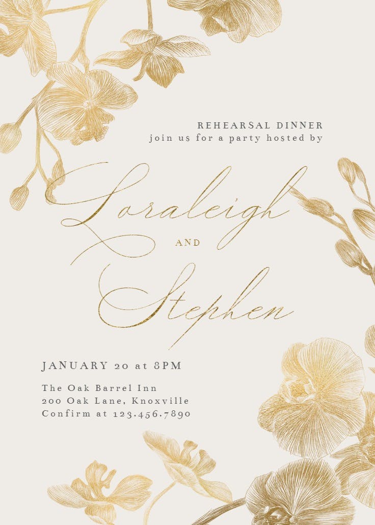 Gold orchids - rehearsal dinner party invitation